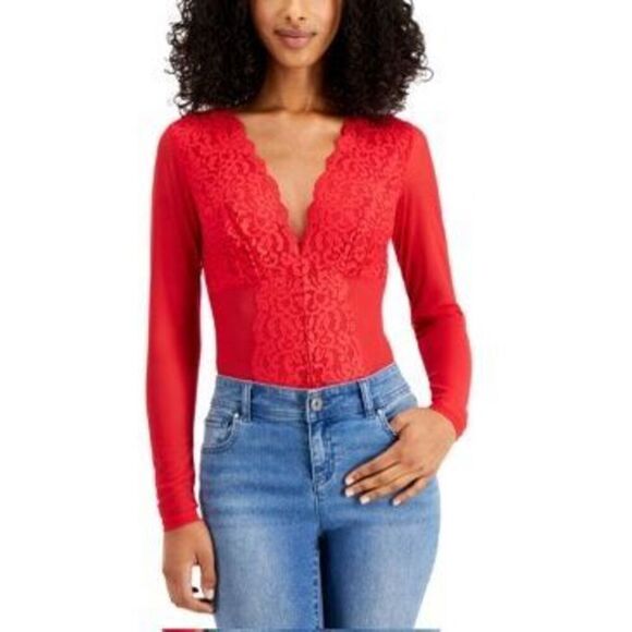 I.n.c. International Concepts Not So Basic Long-Sleeve Lace Mesh Bodysuit, Creat - Picture 1 of 6